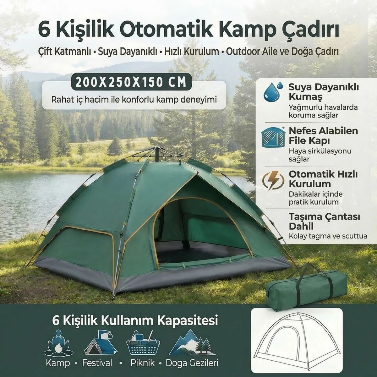 Starixa® 6 Kişilik Otomatik Kamp Çadırı - Çift Katmanlı, Suya Dayanıklı, Hızlı Kurulum Outdoor Aile ve Doğa Çadırı 200x250x150 cm
