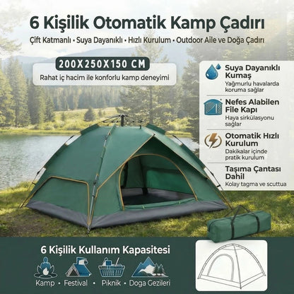 Starixa® 6 Kişilik Otomatik Kamp Çadırı - Çift Katmanlı, Suya Dayanıklı, Hızlı Kurulum Outdoor Aile ve Doğa Çadırı 200x250x150 cm