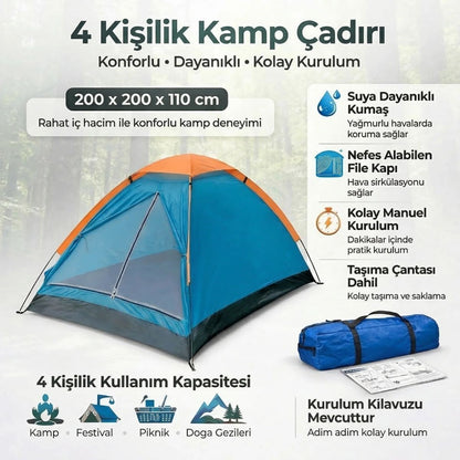 Starixa® 4 Kişilik Kamp Çadırı Manuel Kurulum Düz Kapılı Outdoor Dayanıklı Kamp Doğa Çadırı 200 x 200 x 110 cm