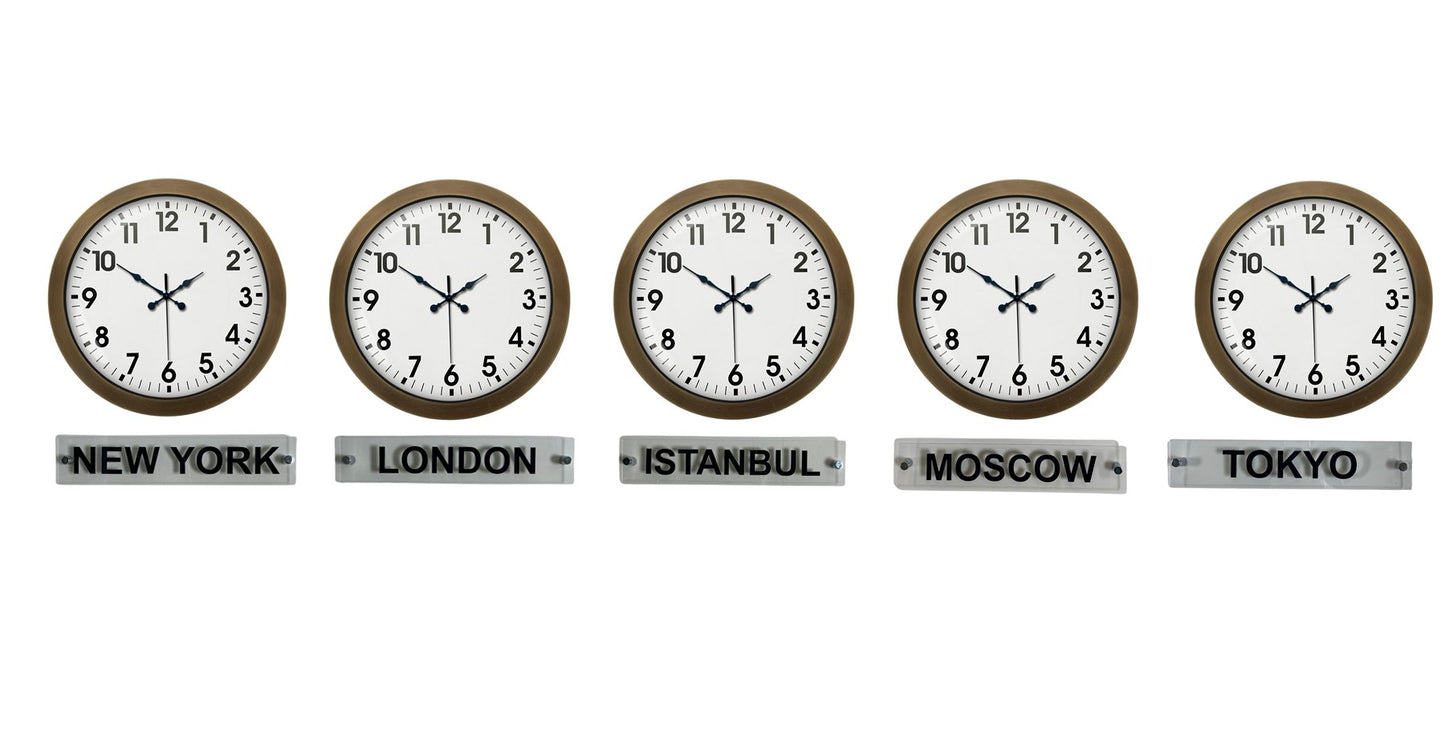 Vintage World Time - 5 li Eskitme 36 Cm Metal Tabelalı Dünya Saatleri