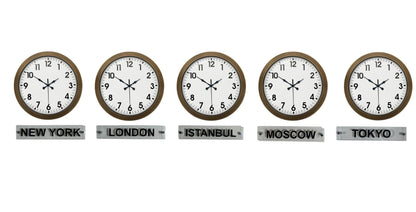 Vintage World Time - 5 li Eskitme 36 Cm Metal Tabelalı Dünya Saatleri
