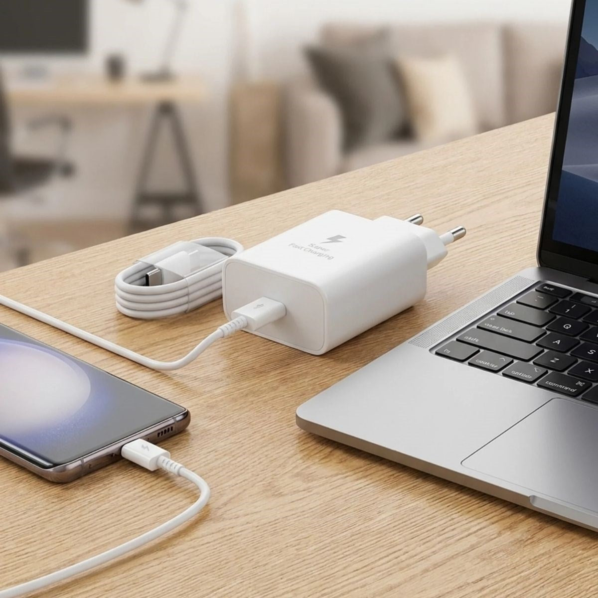 45W Süper Hızlı Şarj Adaptörü USB-C PD 3.0 PPS Fast Charger + 5A Type-C to Type-C Kablo (5347)