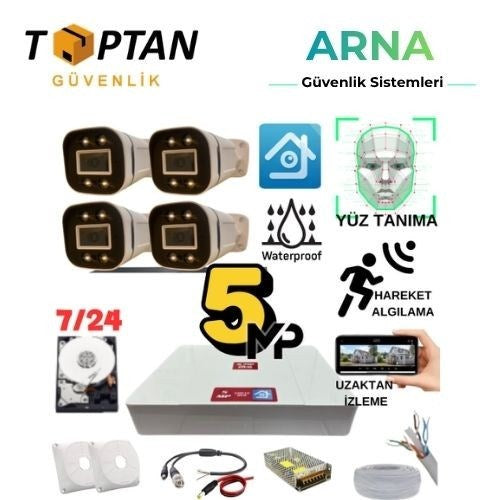 5 Mp Gece Renkli Yüz Tanıma Sesli H.265 500 GB HDD Dahil 4 Kameralı Ahd Güvenlik Seti