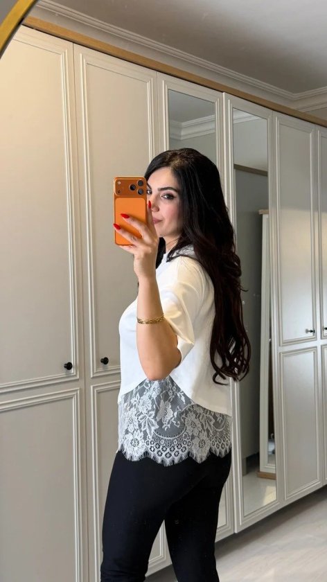 Kısa Kollu Bısıklet Yakalı Dantel Detaylı Vıskon ıkı ıplık Bluz