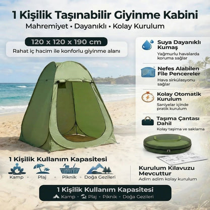 Starixa® Tek Kişilik Yarı Otomatik Portatif Giyinme Kabini Çadırı - Plaj, Kamp, Duş ve Soyunma Kabini Outdoor Çadır 120x120x190 cm