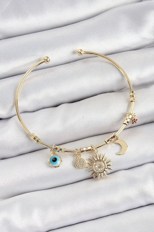Mey İthalat® Pirinç Zirkon Taşlı Güneş Ay Nazar Model Gold Renk Charm Bileklik