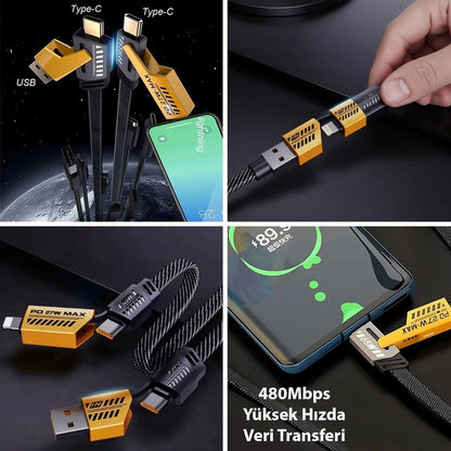 4in1 65W Hızlı Şarj Kablosu - Type-C to USB-A + Type-C to Lightning, 27W PD Destekli Çoklu Şarj Kablo (5347)