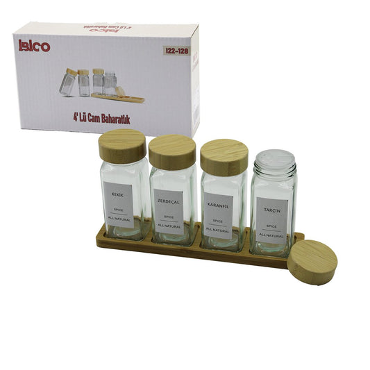 4PCS BAMBU KAPAKLI CAM TUZLUK - BİBERLİK - BAHARATLIK 120ML (5347)