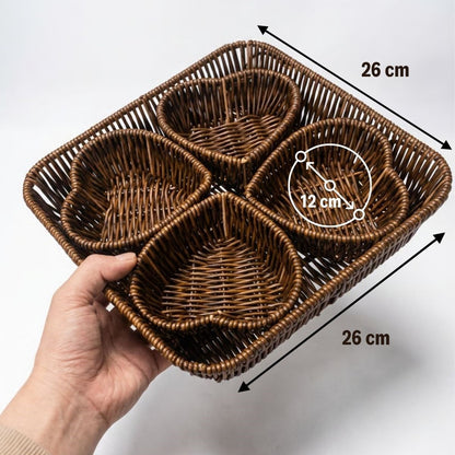 5 Parça,4 Kalp Formlu Plastik Rattan Sunum ve Kahvaltı Seti-Bölmeli Çerezlik ve Meyvelik-Doğal Hasır Görünümlü Tepsi ve Sunum Tabakları (5347)