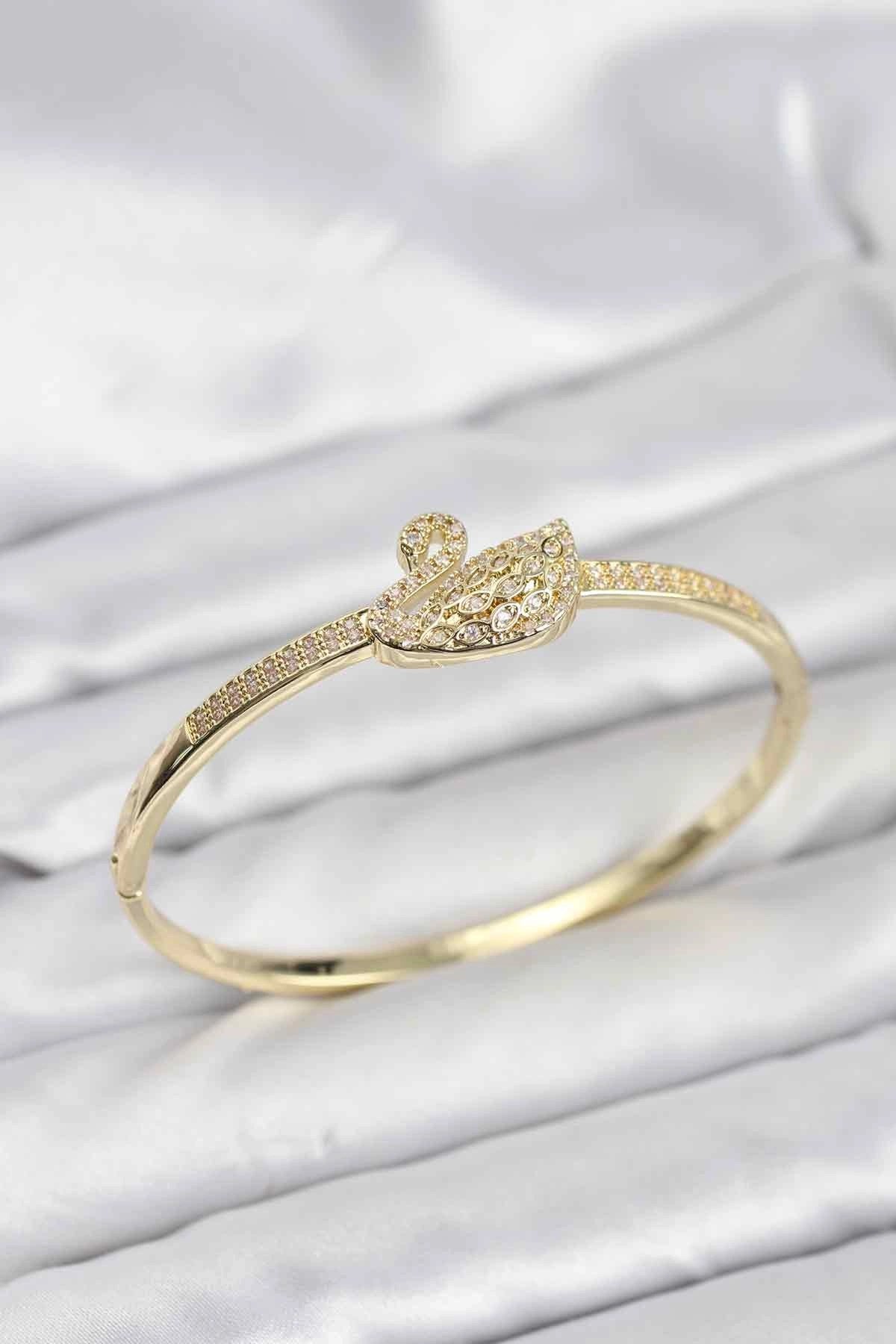 Mey İthalat® Pirinç Gold Renk Zirkon Taşlı Kuğu Model Kadın Kelepçe Bileklik