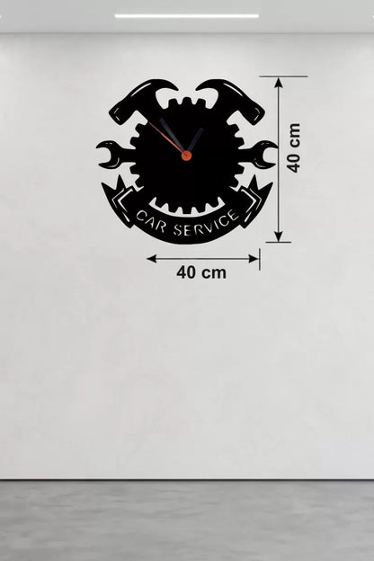 Mey İthalat® Car Service Temalı Ahşap Duvar Saati - 40x40 cm Teknik Servis Dekoru