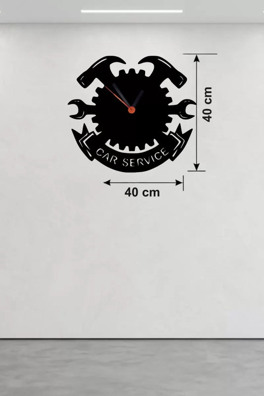 Mey İthalat® Car Service Temalı Ahşap Duvar Saati - 40x40 cm Teknik Servis Dekoru