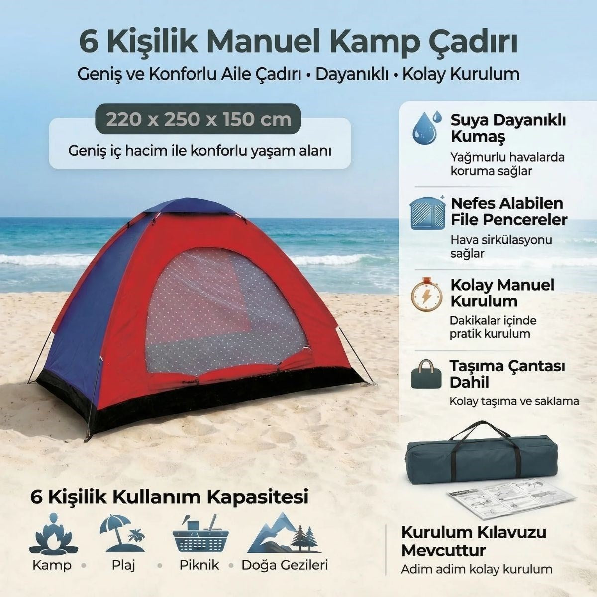 Starixa® 6 Kişilik Manuel Kurulum Kamp Çadırı - Aile, Doğa, Piknik ve Outdoor Kamp Çadırı 220x250x150 cm