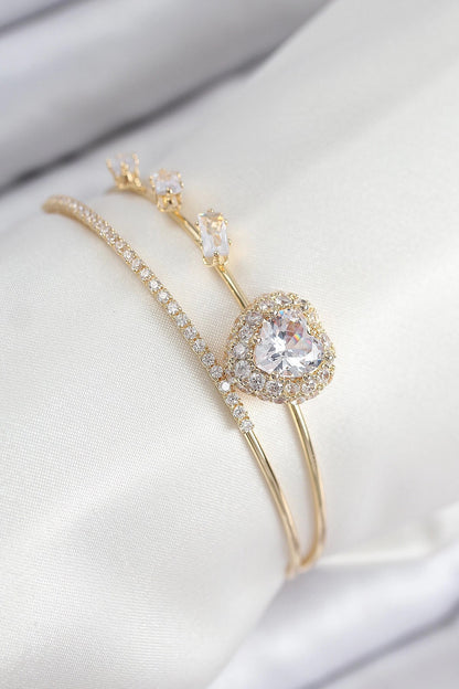 Mey İthalat® Pirinç Zirkon Taşlı Kalp Model Gold Renk Kadın Bileklik