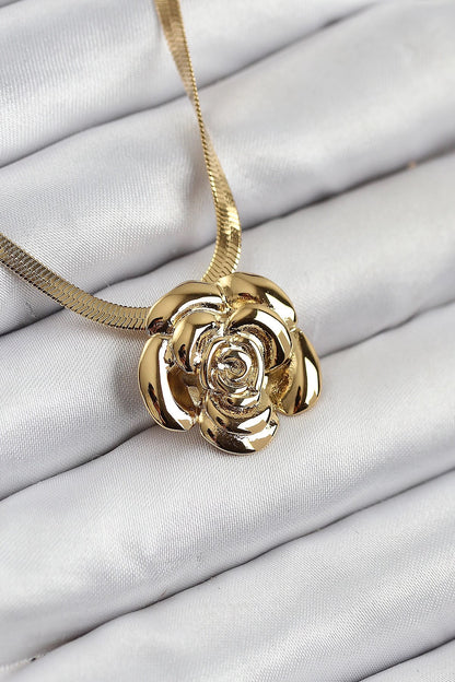 Mey İthalat® 316L Çelik Gül Figürlü İtalyan Zincir Model Gold Renk Kadın Kolye