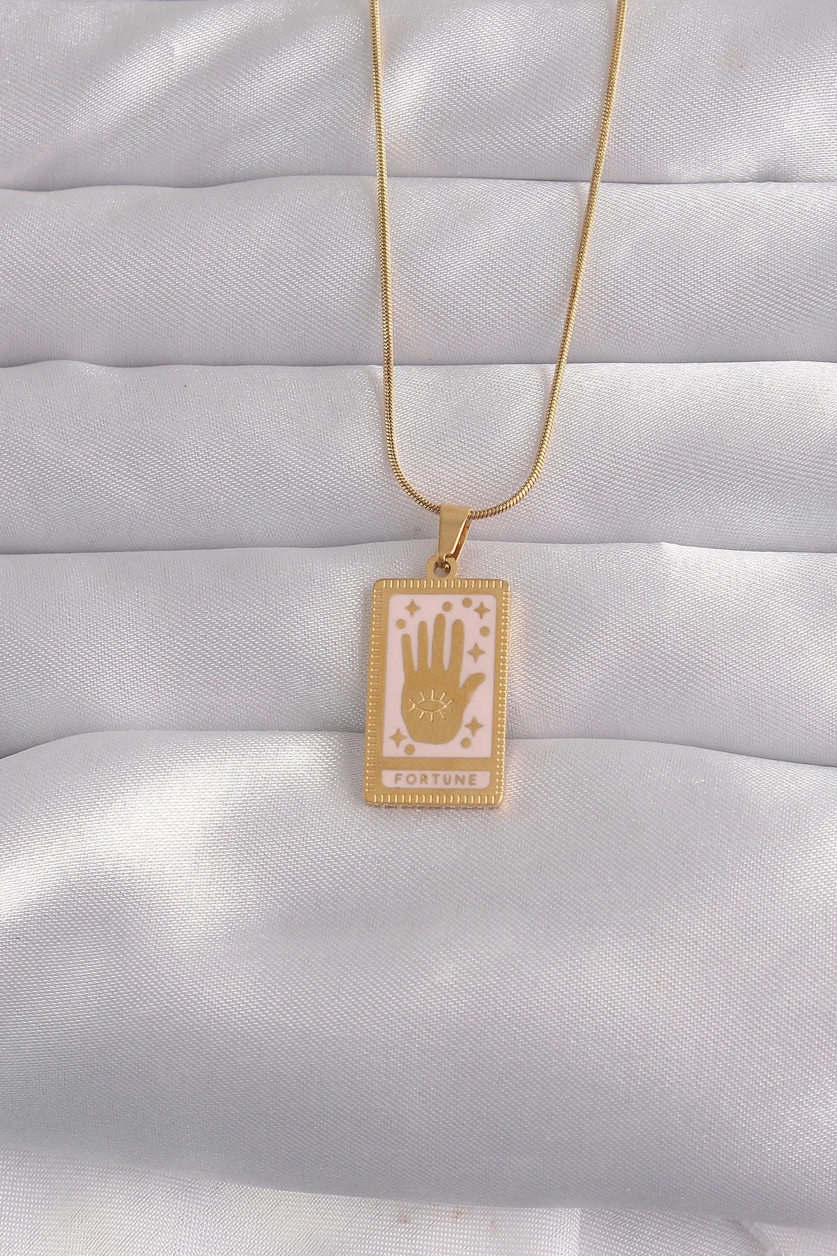 Mey İthalat® 316L Çelik Gold Renk Pembe Mineli El Figür Tarot Kolye