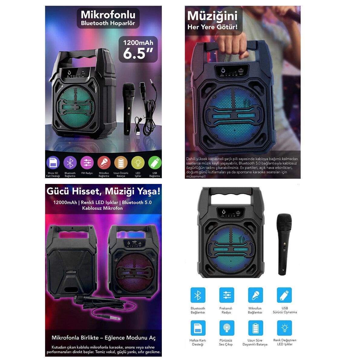 6.5 INC BLUETOOTH WİRELESS MİKROFONLU HOPARLÖR - SPEAKER USB SARJLI AUX - TF - USB PS-1283 (5347)