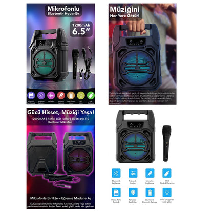 6.5 INC BLUETOOTH WİRELESS MİKROFONLU HOPARLÖR - SPEAKER USB SARJLI AUX - TF - USB PS-1283 (5347)