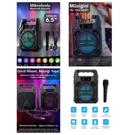 6.5 INC BLUETOOTH WİRELESS MİKROFONLU HOPARLÖR - SPEAKER USB SARJLI AUX - TF - USB PS-1283 (5347)