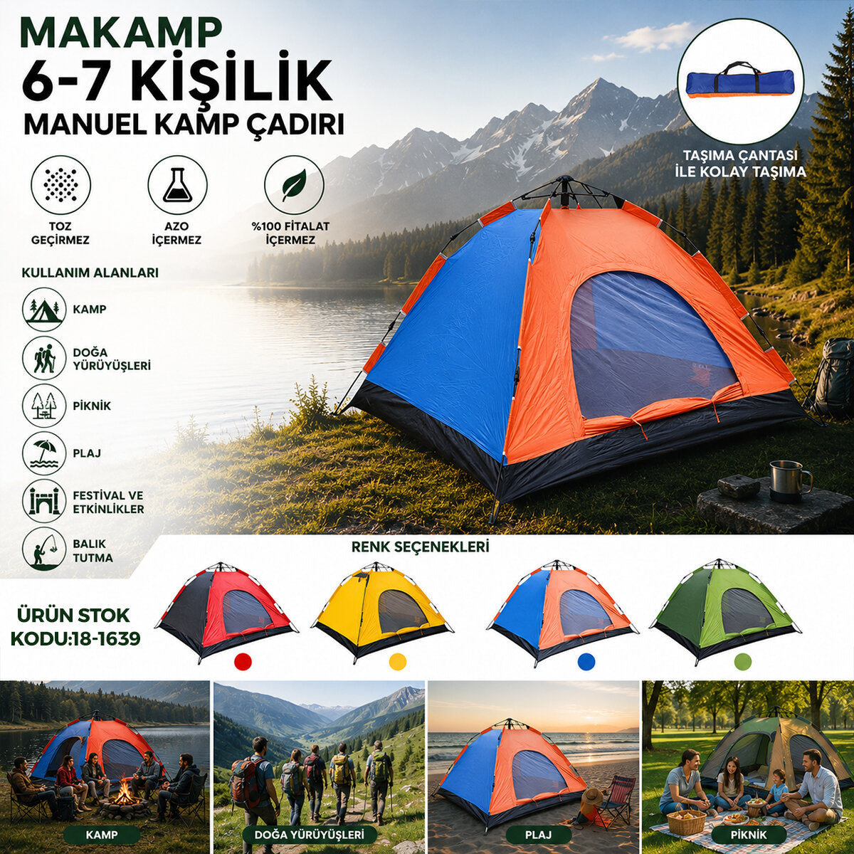 6-7 KİŞİLİK TOZ GEÇİRMEZ 220CMX250CMX150CM MANUEL KAMP ÇADIR HERHANGİ BİR RENK GÖNDERİLİR (5347)