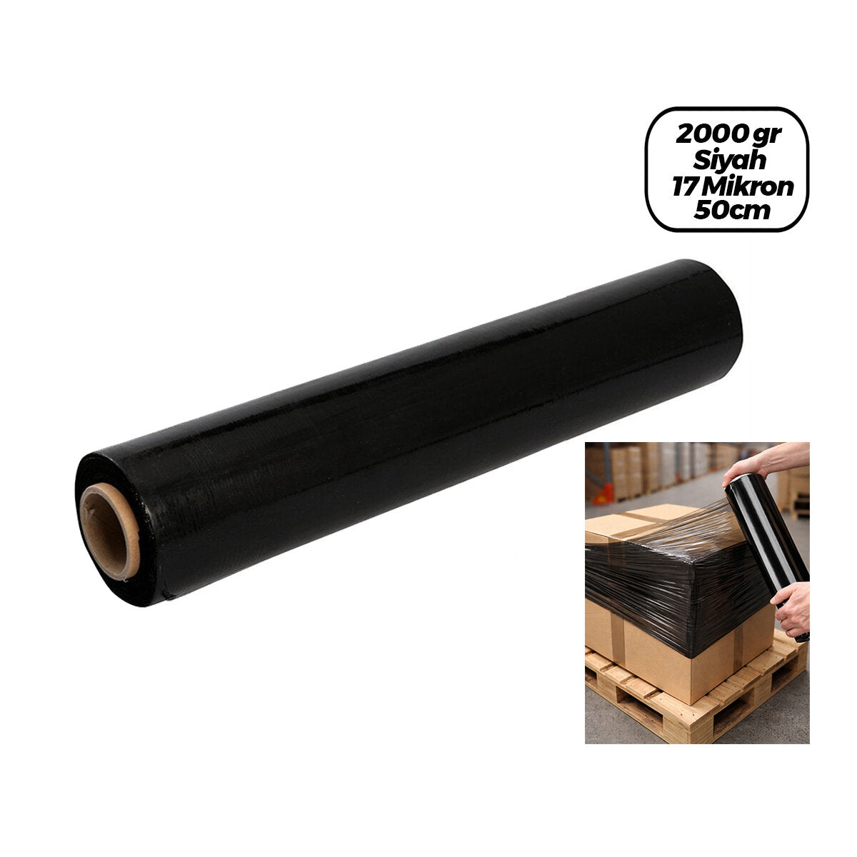 6 ADET BRÜT: 2000GR = NET STREÇ: 1500GR SİYAH KOLİ - PALET STREÇ FİLM 17 MİKRON 50CM (5347)