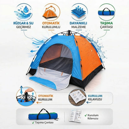 6 Kişilik Otomatik Kurulum Kamp Çadırı - Outdoor Aile, Doğa, Suya Dayanıklı Hızlı Kurulum Çadır 220x250x160 cm (5347)