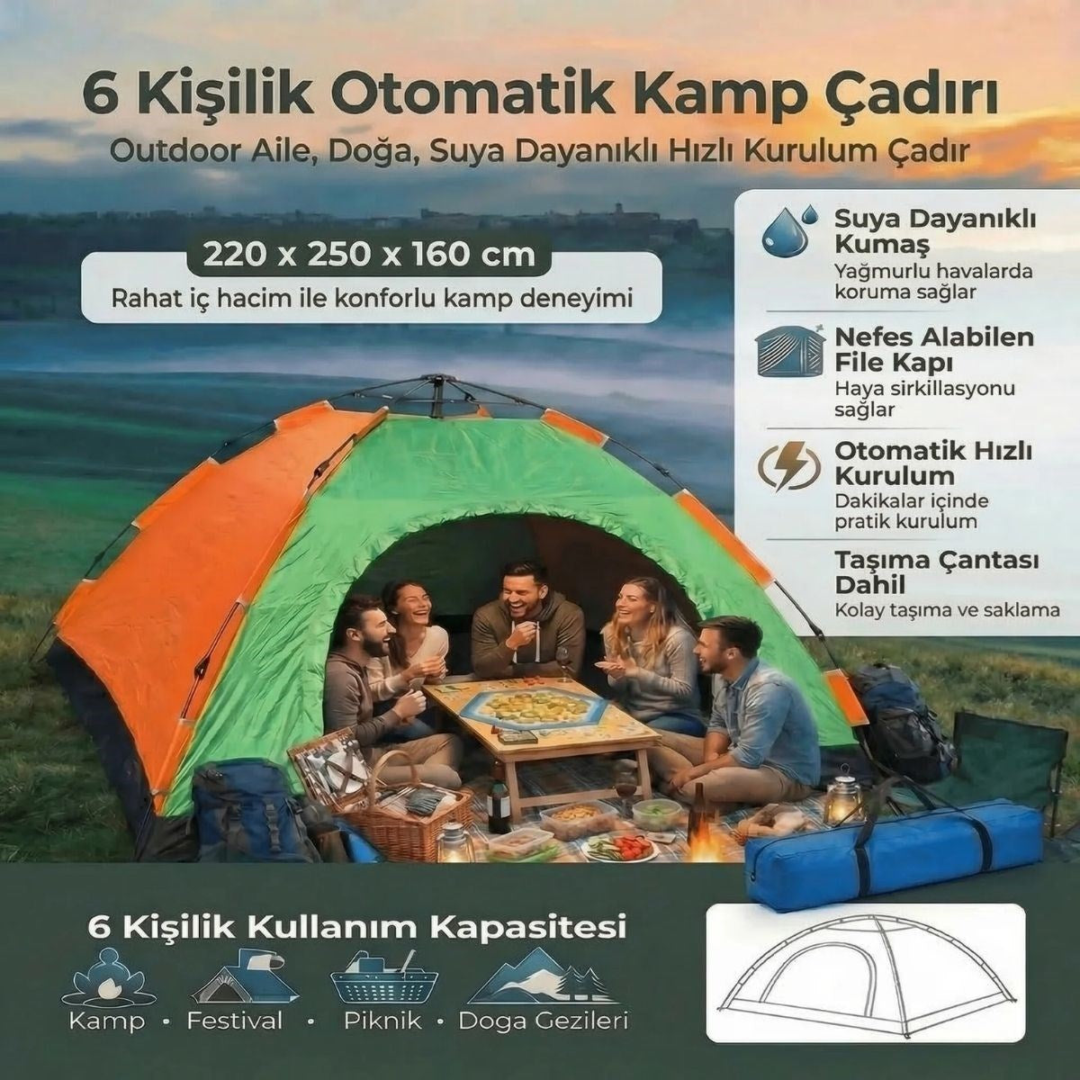 6 Kişilik Otomatik Kurulum Kamp Çadırı - Outdoor Aile, Doğa, Suya Dayanıklı Hızlı Kurulum Çadır 220x250x160 cm (5347)