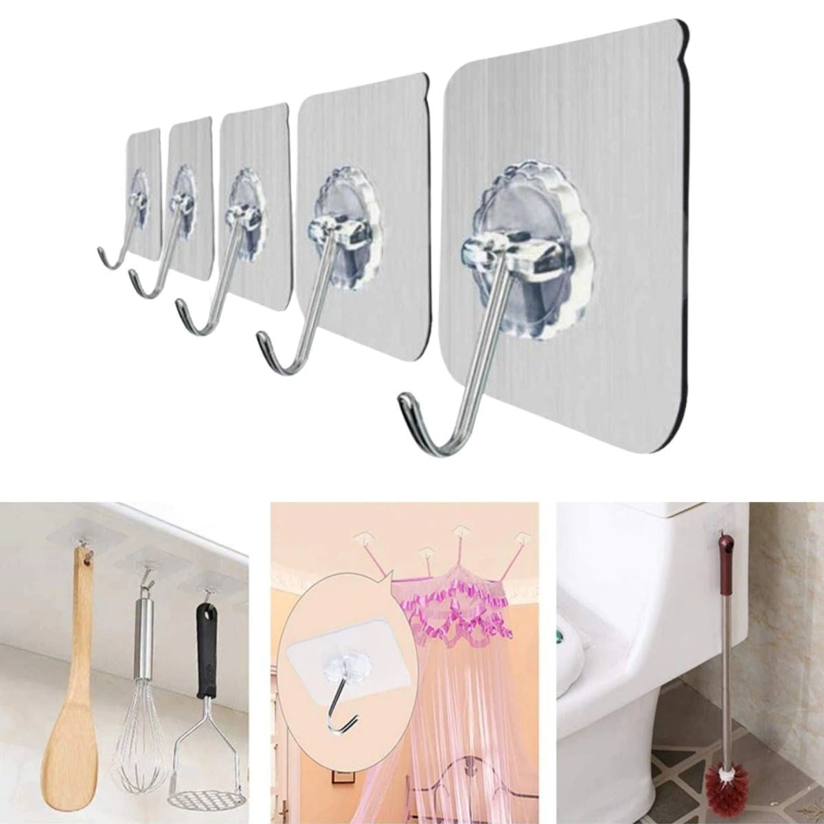 Starixa® Süper Güçlü Yapışkanlı Suya Dayanıklı Şeffaf Askı 5li Set Yeniden Kullanılabilir Kancalar