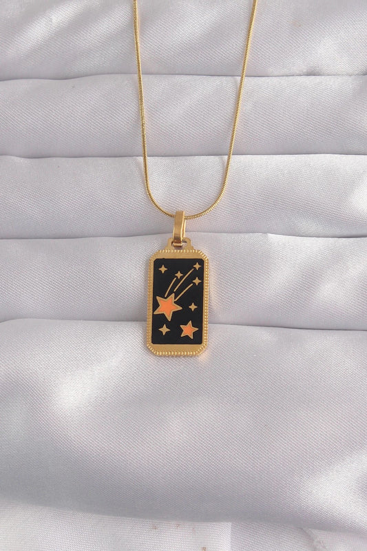 Mey İthalat® 316L Çelik Gold Renk Siyah Mineli Yıldız Figür Tarot Kolye