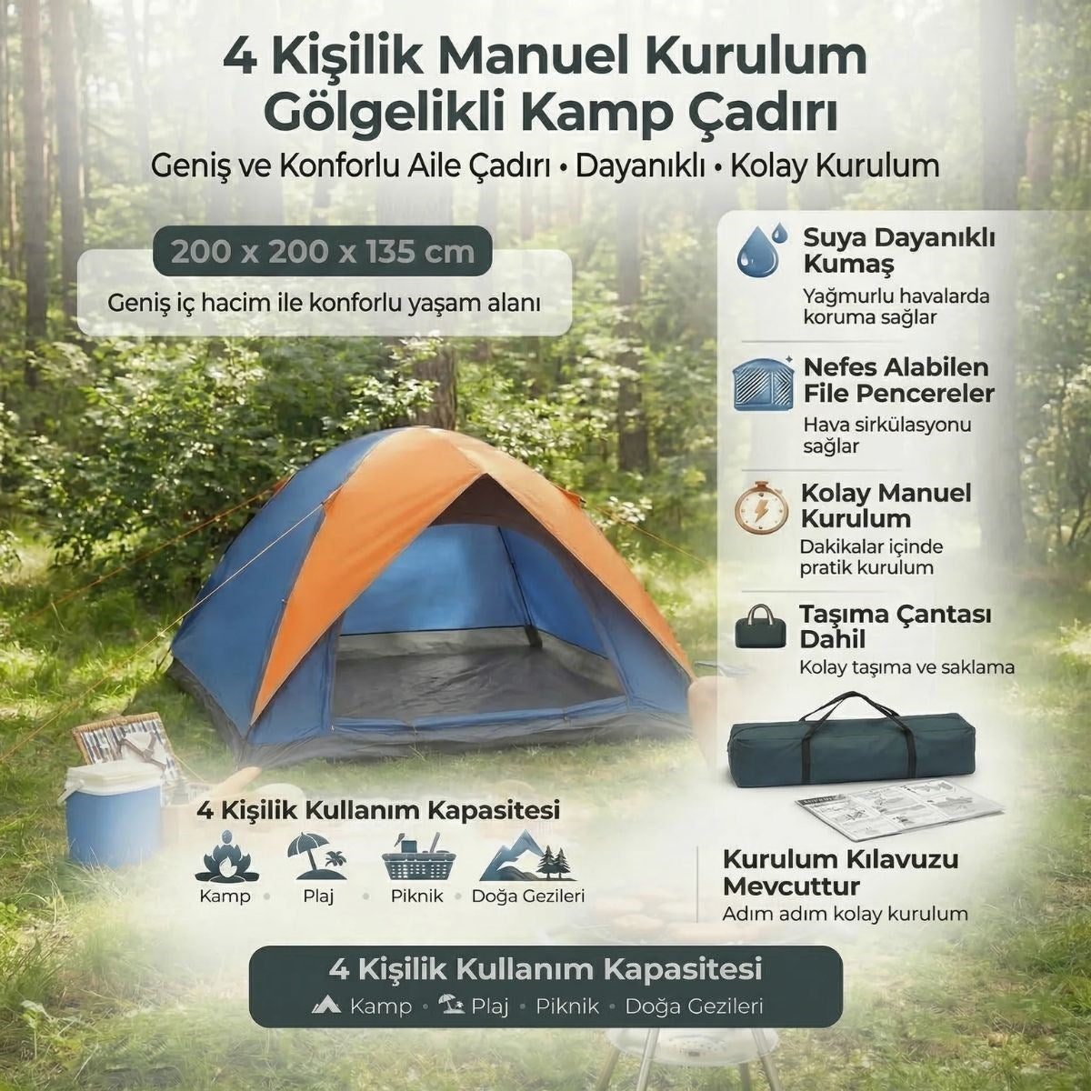 Starixa® 4 Kişilik Manuel Kurulum Gölgelikli Kamp Çadırı - Aile, Doğa, Piknik ve Outdoor 200x200x135 cm