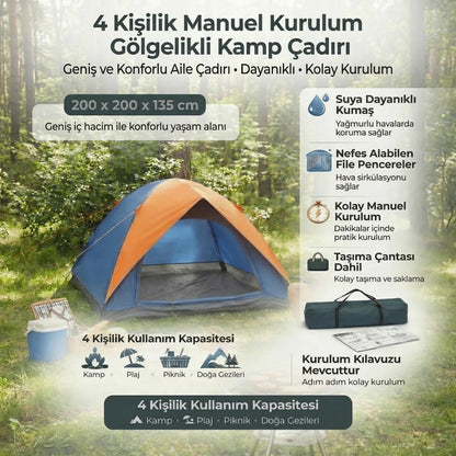 Starixa® 4 Kişilik Manuel Kurulum Gölgelikli Kamp Çadırı - Aile, Doğa, Piknik ve Outdoor 200x200x135 cm