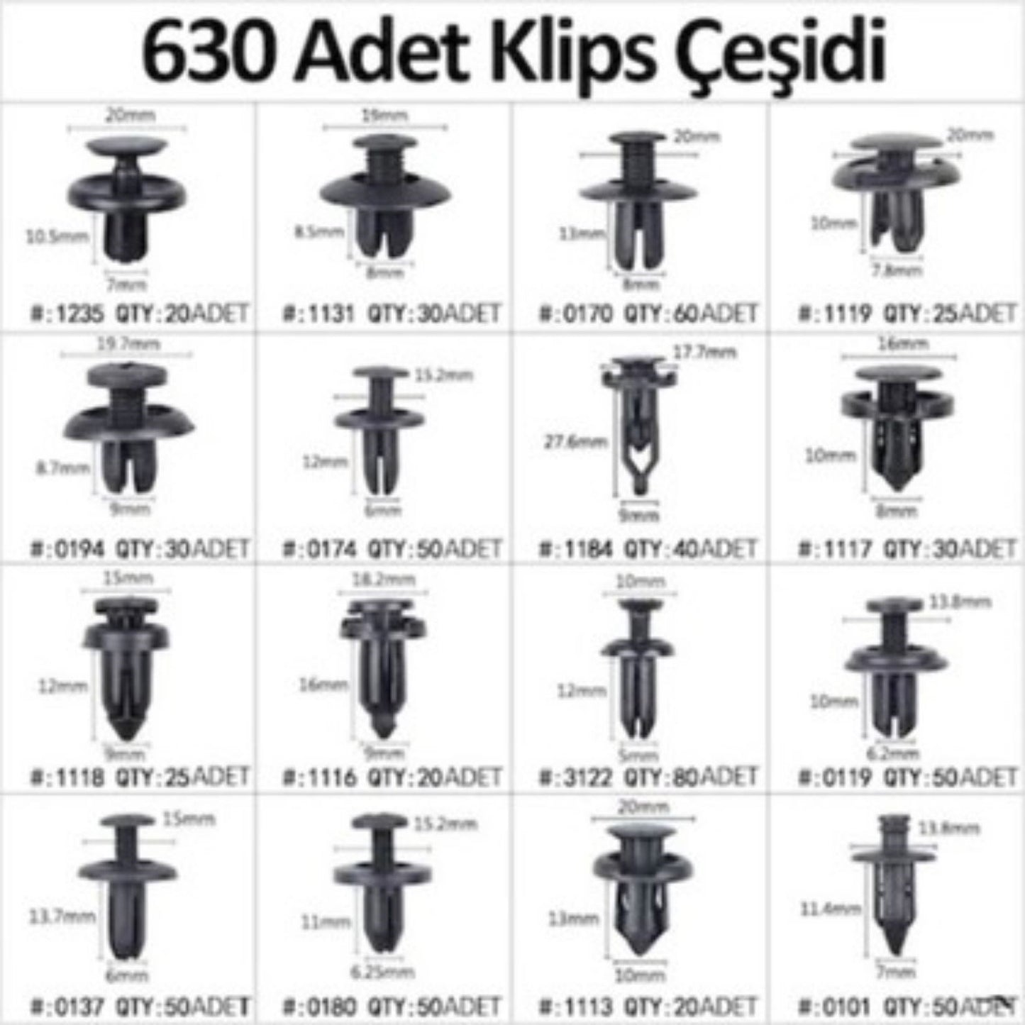 630 Adet Trim Klips Seti - Oto Panel, Kapı Döşeme, Tampon ve Pervaz İçin Evrensel Raptiye Bağlantı Elemanları (5347)