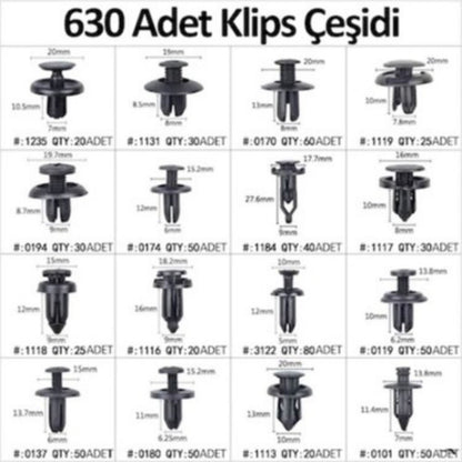 630 Adet Trim Klips Seti - Oto Panel, Kapı Döşeme, Tampon ve Pervaz İçin Evrensel Raptiye Bağlantı Elemanları (5347)
