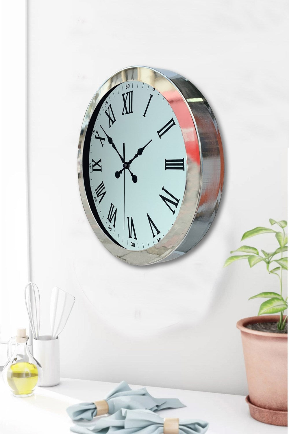 36 cm Krom Metal Roma Rakamli Duvar Saati