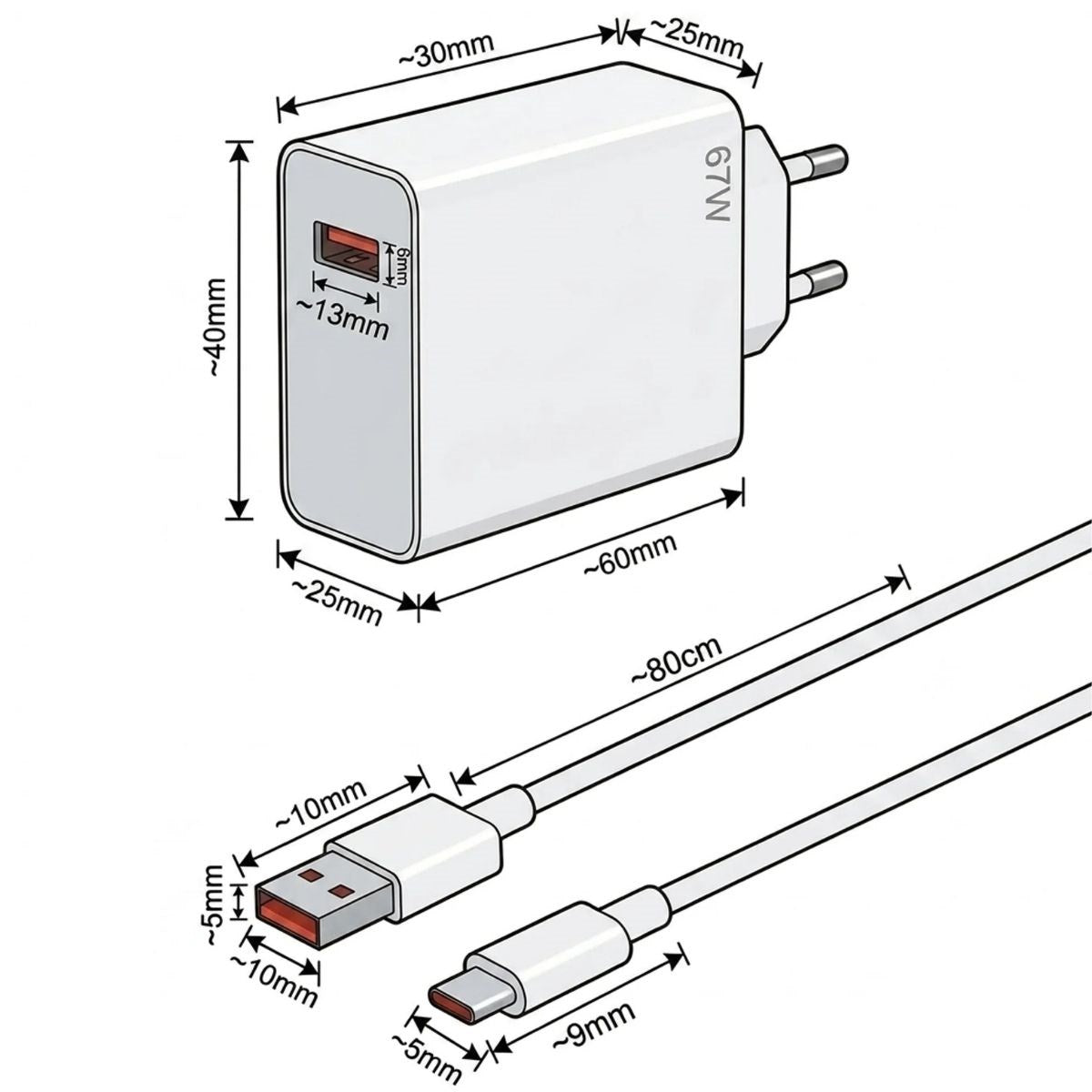 67W Hızlı Şarj Adaptörü USB to Type-C - PD Destekli, Akıllı Hızlı Şarj Başlığı, Güvenli Güç Adaptörü (5347)