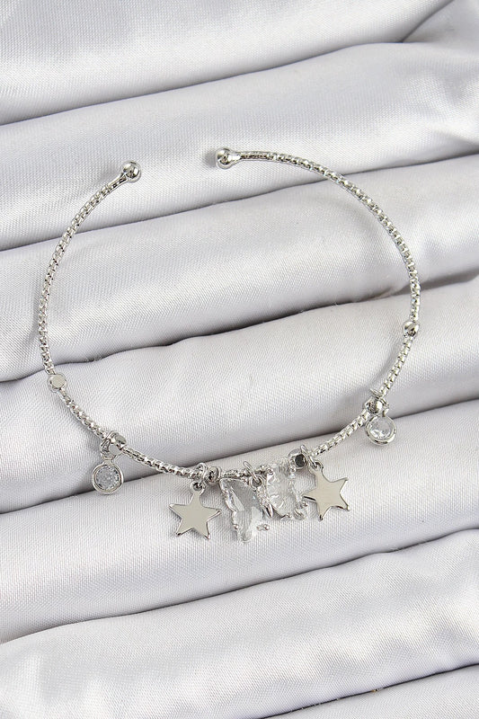 Mey İthalat® Pirinç Zirkon Taşlı Kelebek Ve Yıldız Model Gümüş Renk Charm Bileklik