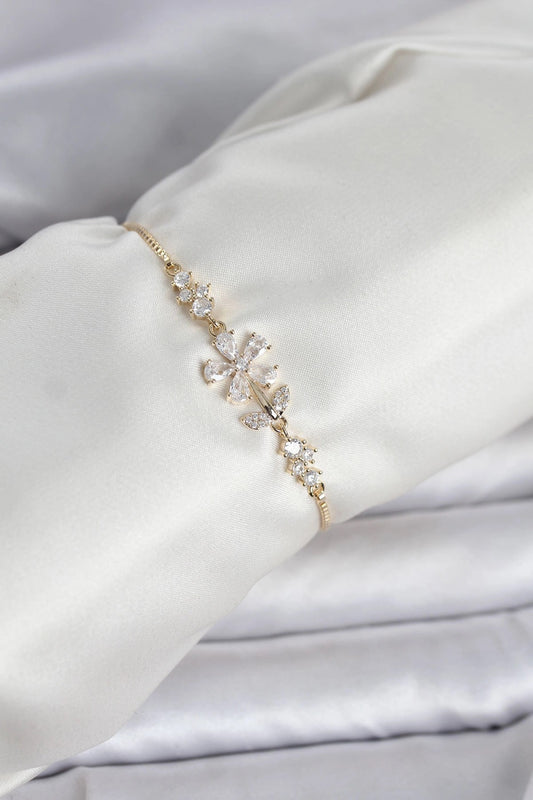 Mey İthalat® Gold Renk Zirkon Taşlı Papatya Model Asansörlü Kadın Bileklik
