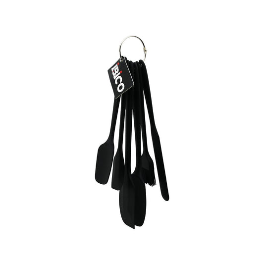 6PCS  SİLİKON - SİYAH MUTFAK SETİ 2 KAŞIK - 3 SPATULA - YUMURTA FIRÇA  METAL ASMA HALKALI (5347)