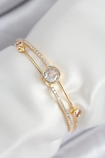 Mey İthalat® Pirinç Zirkon Taşlı Pırlanta Model Gold Renk Kadın Bileklik