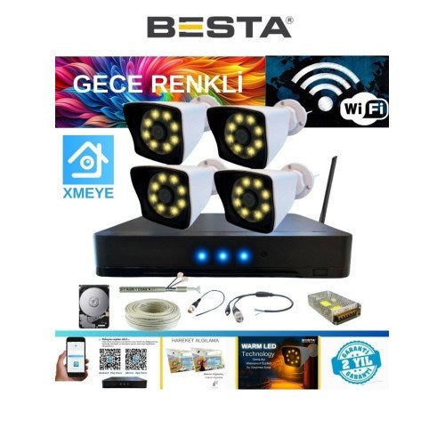 5 Mp Lens 2 Mp 1080P Gece Renkli 4 Kameralı Wıfı Özellikli Kamera Seti 4 Tb HDD