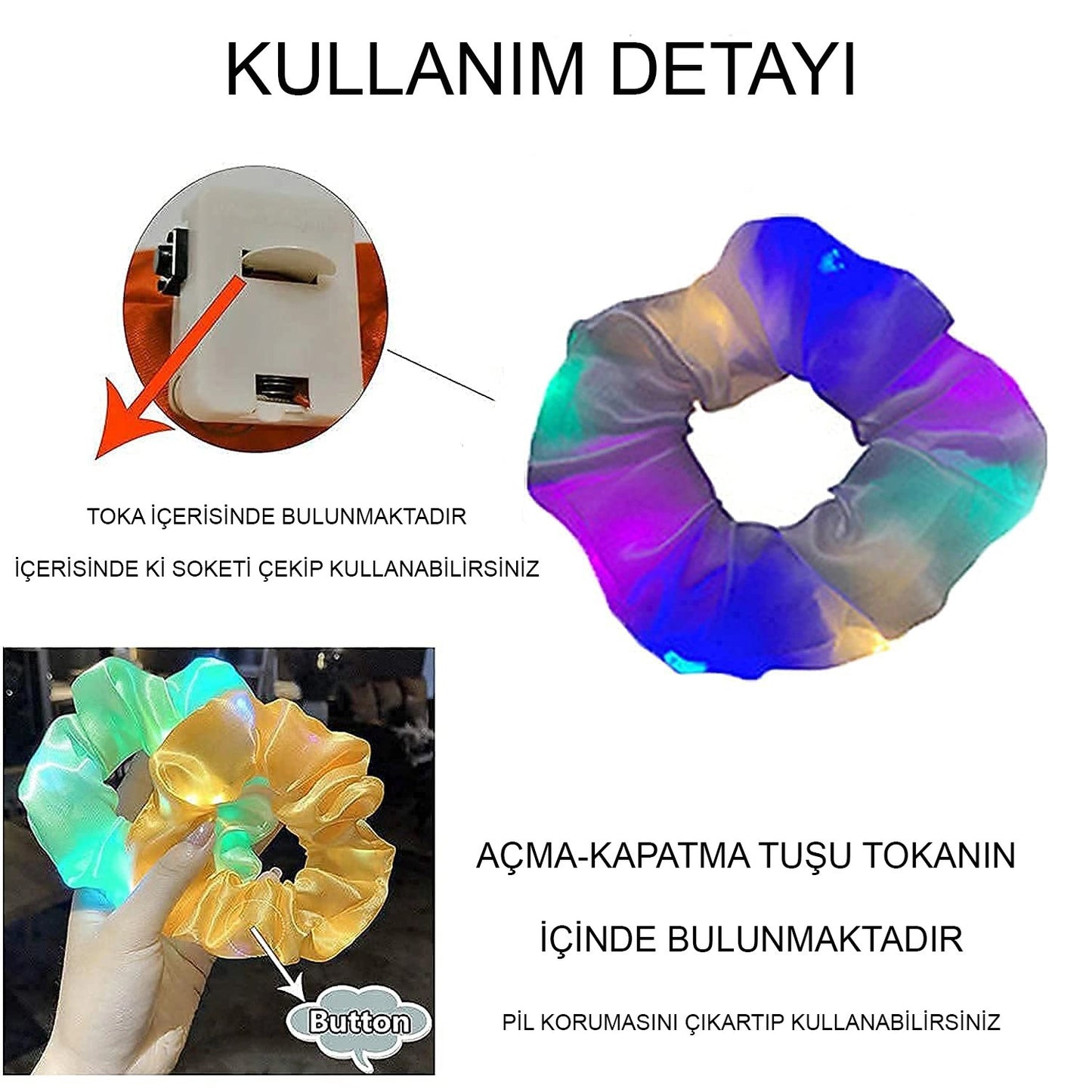 Mey İthalat® Mint Yeşili Renk Led Işıklı Lastikli Saç Tokası - 3 Modlu Festival & Parti Saç Tokası