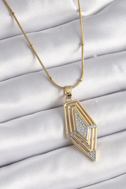 Mey İthalat® 316L Çelik Gold Renk Zirkon Taşlı Vintage Model Kadın Kolye