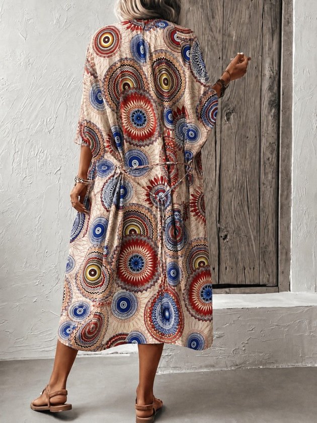 Kadın Kısa Kollu önü Açık Belden Kuşaklı Uzun Kimono
