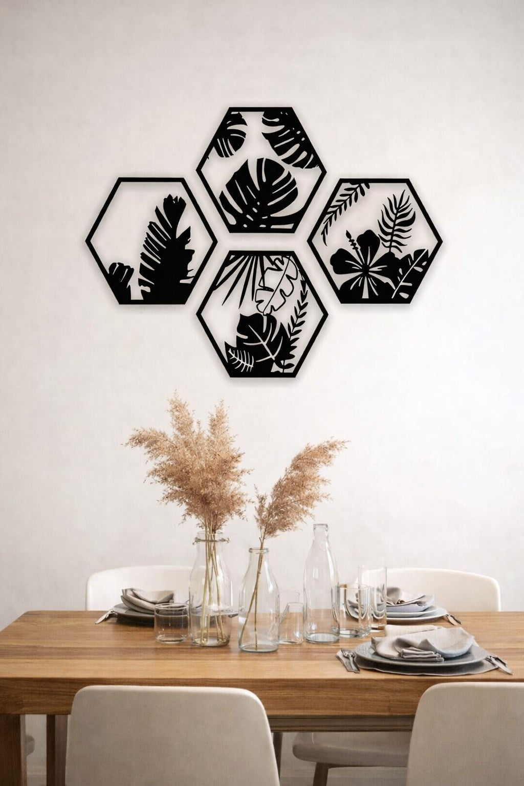 HexaLeaf - Tropikal Yaprak Desenli Altıgen Ahşap Duvar Dekoru