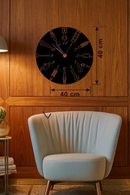 Mey İthalat® Otomobil Parçaları Tasarım Ahşap Duvar Saati - 40x40 cm Mekanik Saat