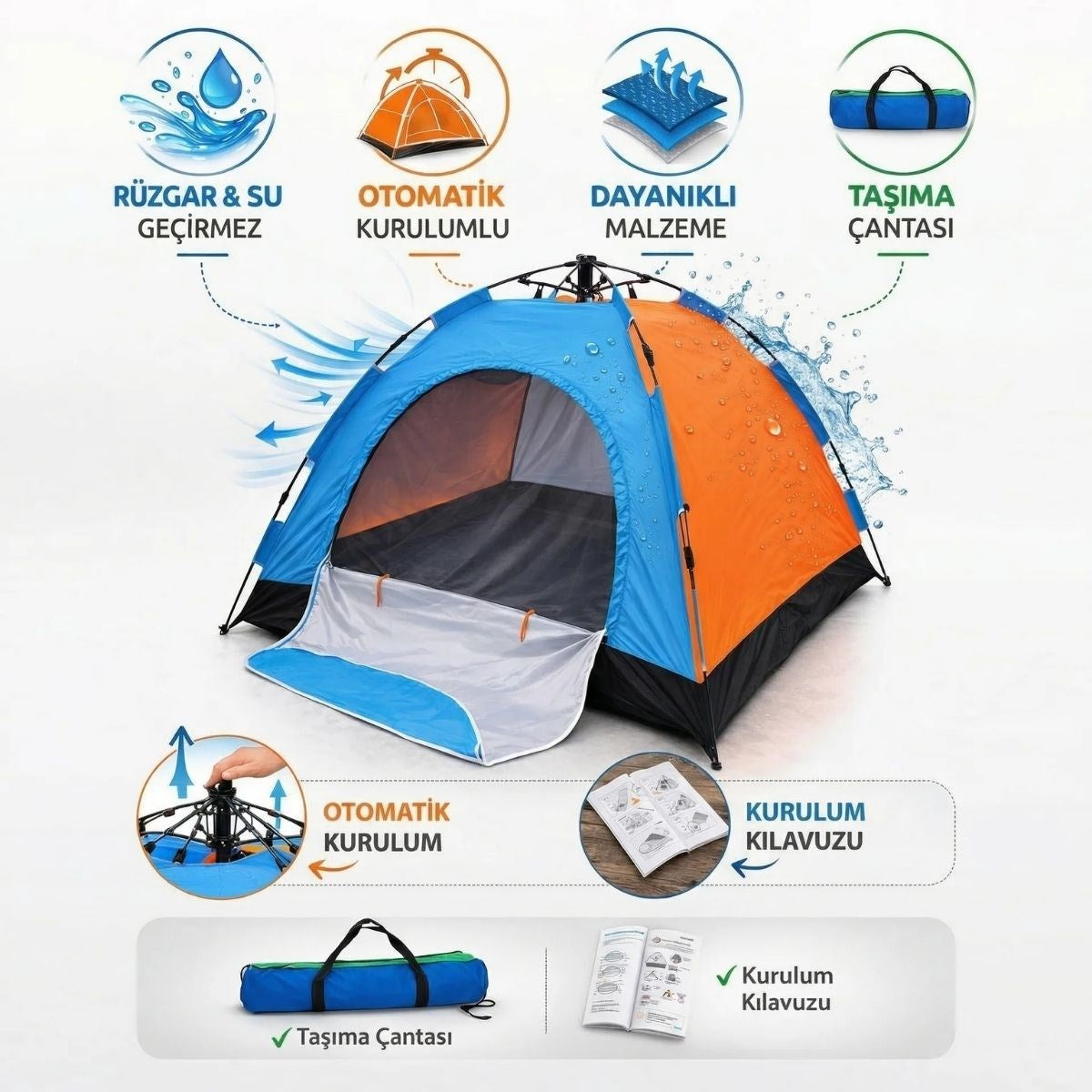8 Kişilik Otomatik Kurulum Kamp Çadırı - Outdoor , Suya Dayanıklı Hızlı Kurulum Piknik ve Doğa İçin Geniş Aile Çadırı 250x250x165 cm (5347)
