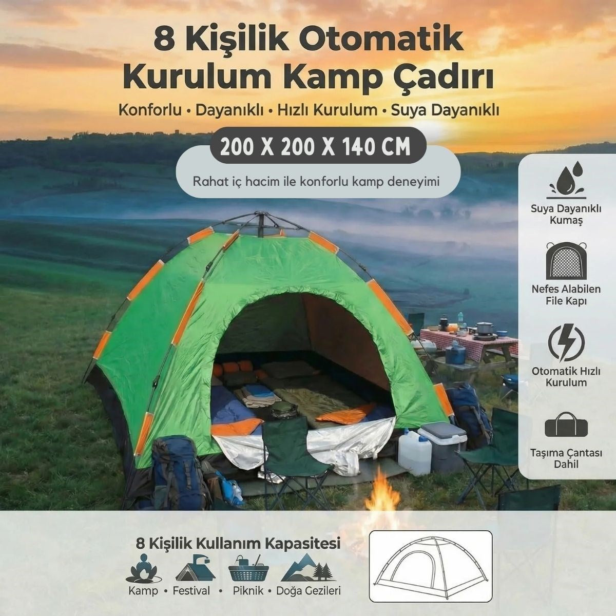8 Kişilik Otomatik Kurulum Kamp Çadırı - Outdoor , Suya Dayanıklı Hızlı Kurulum Piknik ve Doğa İçin Geniş Aile Çadırı 250x250x165 cm (5347)
