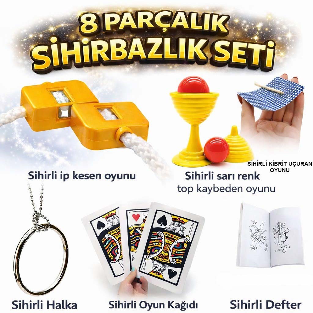 8 li Sihirbazlık Seti (Kibrit, Defter, Halka, Kupa, İp, 3 lü Kart) (5347)