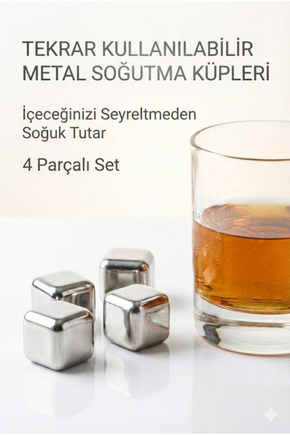 Paslanmaz Çelik Buz Küpü 4 lü Set - İçeceği Sulandırmadan Soğutucu Metal Taş