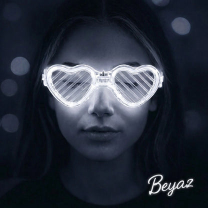 Mey İthalat® Beyaz LED Işıklı Kalp Gözlük - 3 Modlu Parti & Glow Gözlüğü